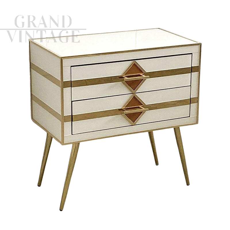 Small two-drawer dresser in ivory-colored glass and brass