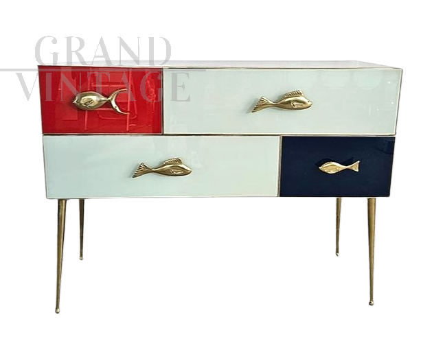 White, blue and red glass console dresser with fish handles
