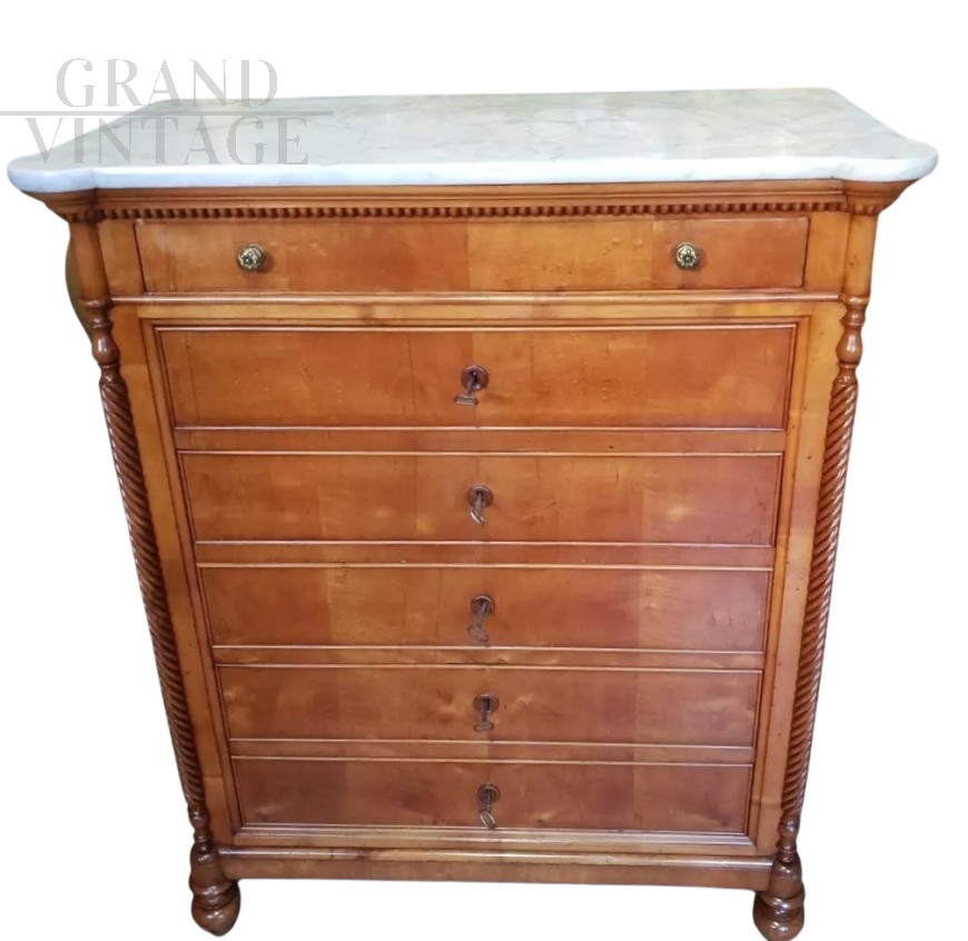 Antique Louis Philippe era small tallboy dresser with marble top  