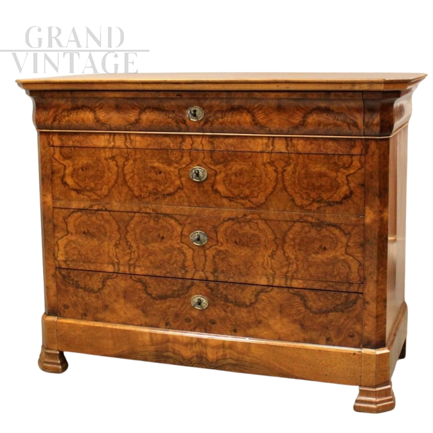 Louis Philippe capuchin chest of drawers in walnut briar, 19th century 