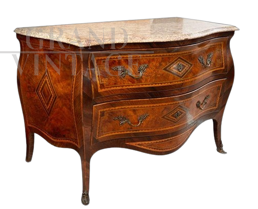 Antique Louis XV Neapolitan chest of drawers in precious exotic woods with marble top