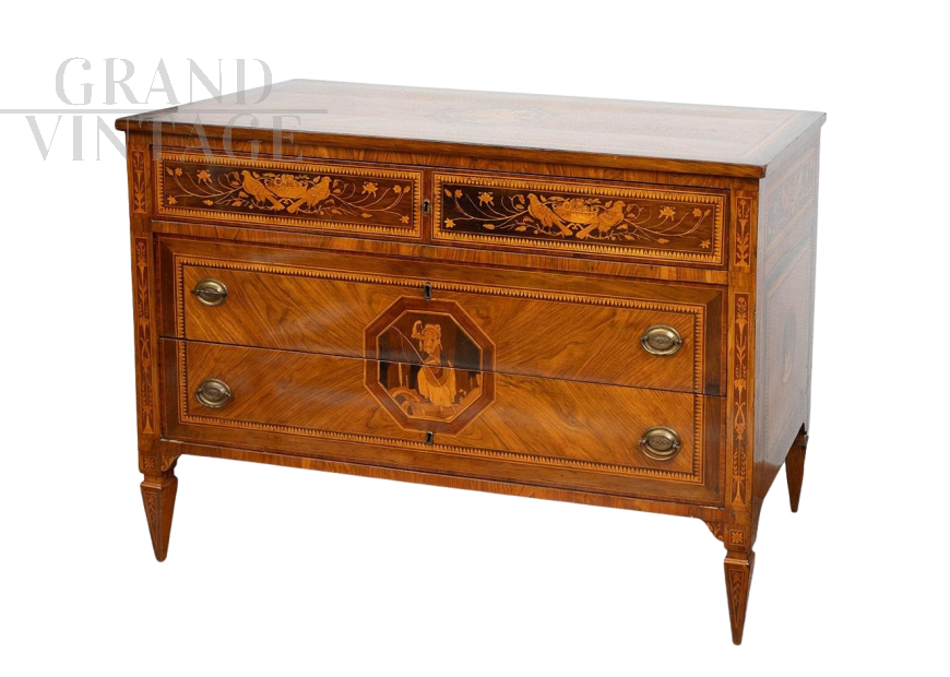 Antique Louis XVI Lombard chest of drawers in fine woods, 18th century