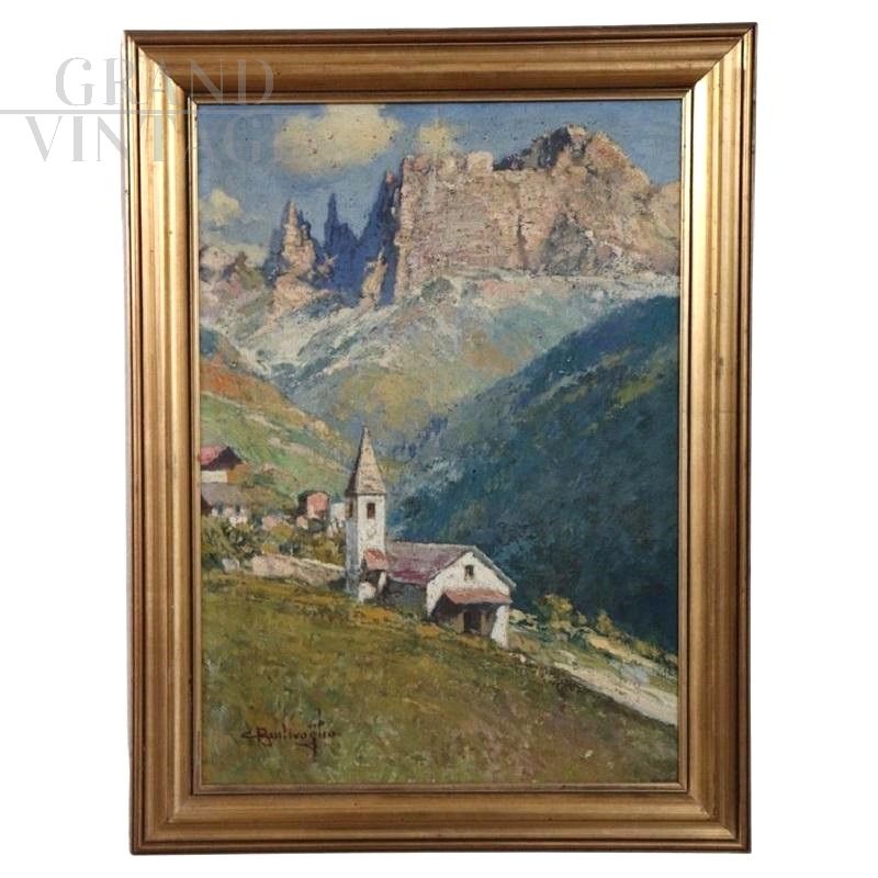 Cesare Bentivoglio - mountain landscape painting with church, signed