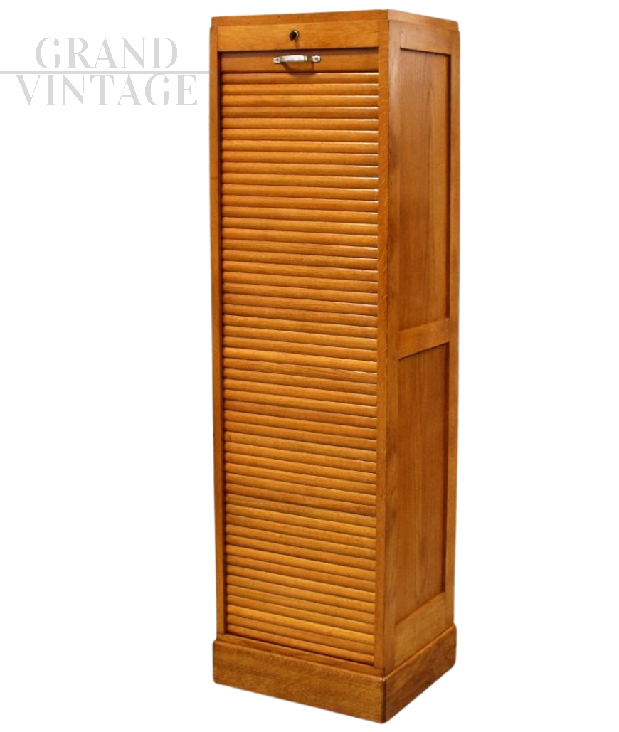 Small office bookcase filing cabinet with single rolling shutter in oak