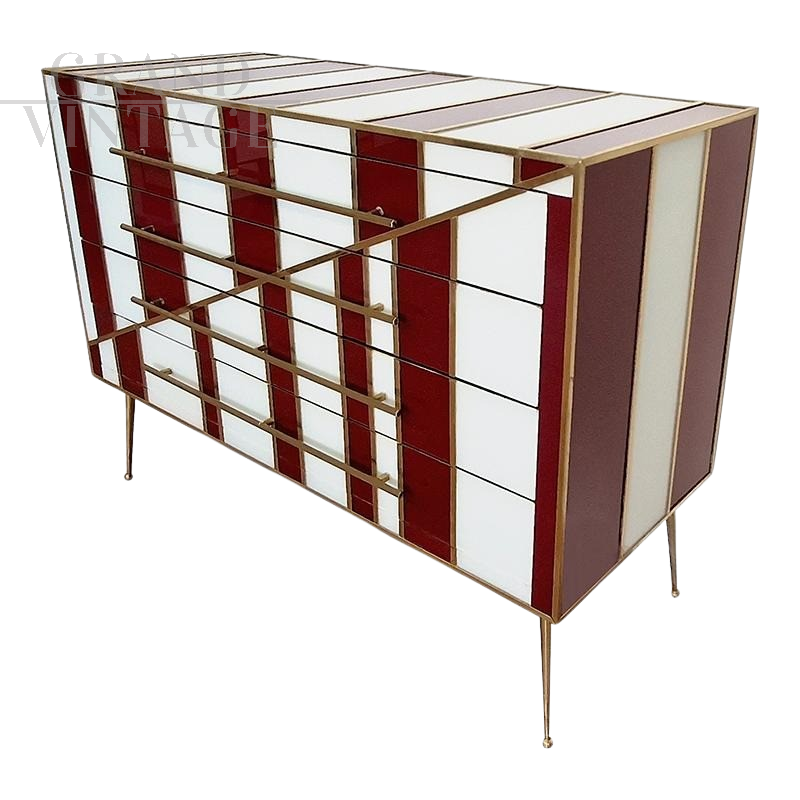 Dresser of 4 drawers in white and burgundy glass