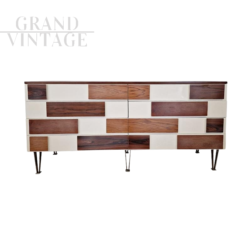 White lacquered six-drawer dresser with walnut wood tiles