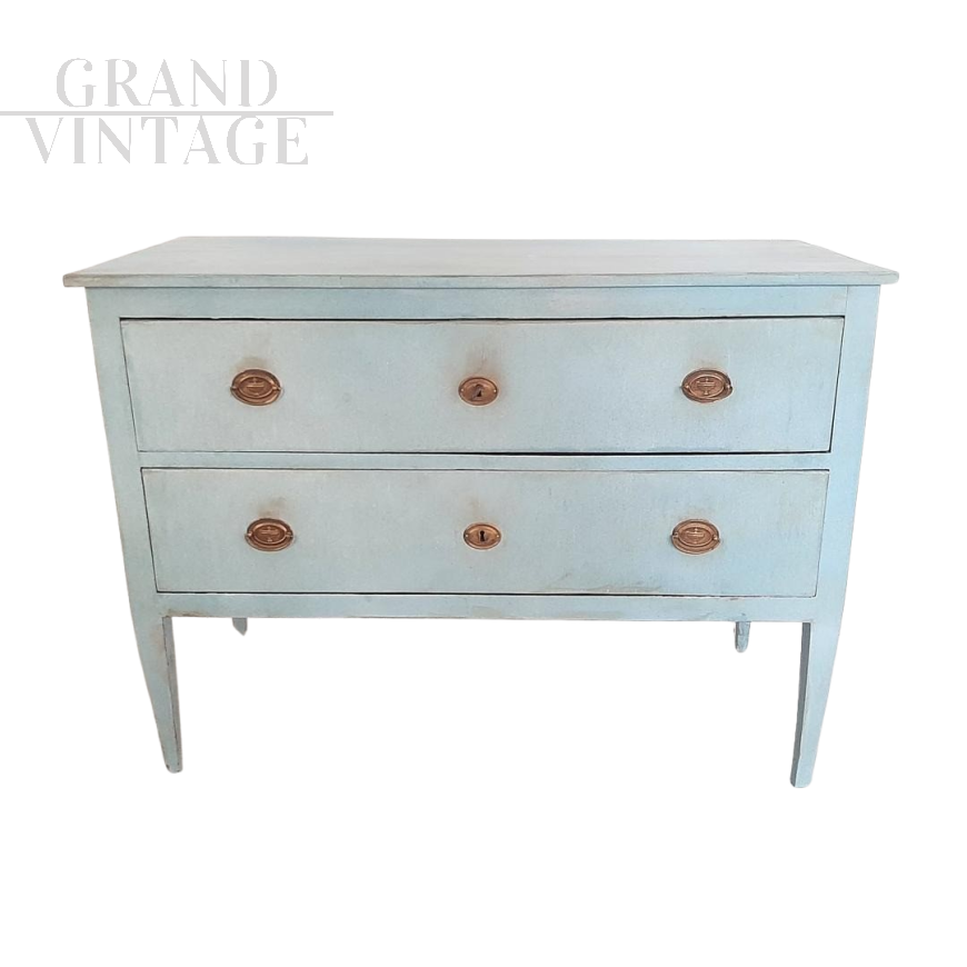 Antique Louis XVI chest of drawers in light blue lacquered wood, late 18th century