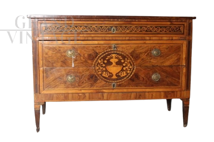 Antique Louis XVI Lombard inlaid chest of drawers from the end of the 18th century