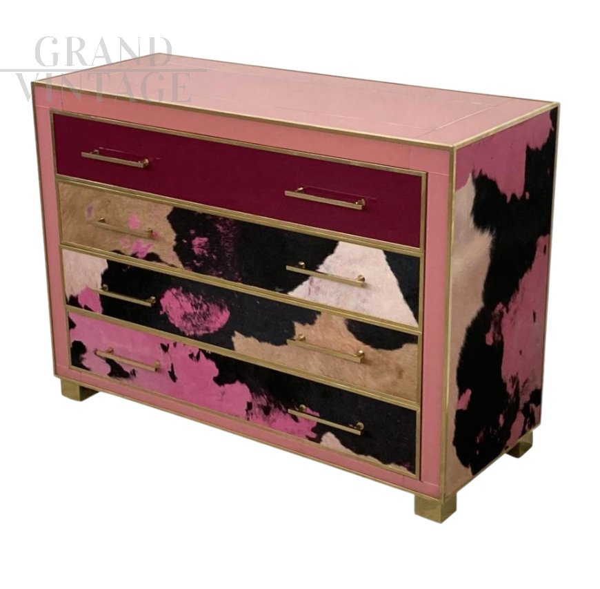 Pink and burgundy Murano glass dresser with colored leather drawers