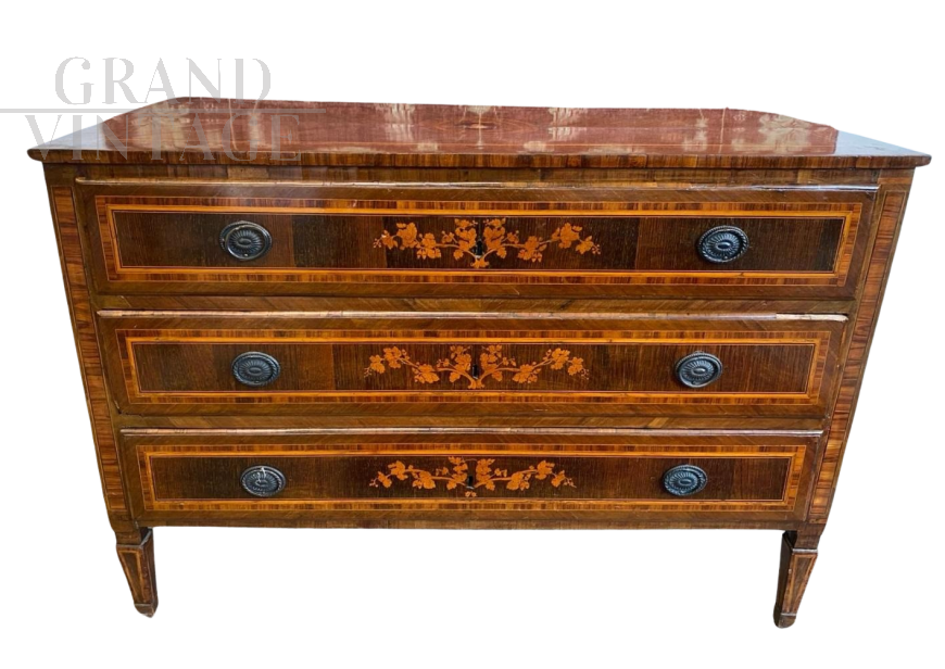 Antique Lombard inlaid chest of drawers from the Louis XVI era - late 18th century  