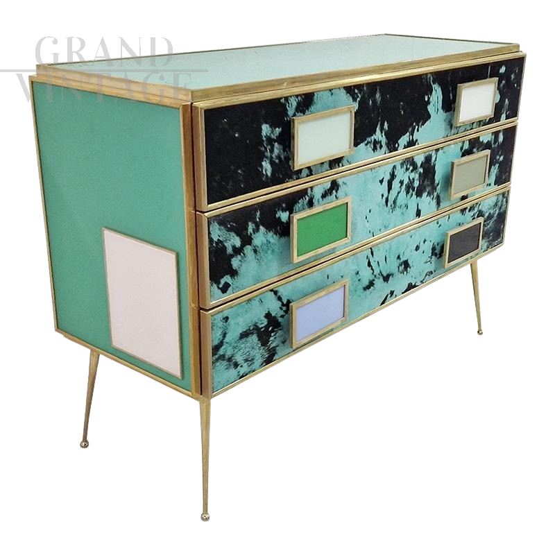 Dresser with three drawers in green glass and pony skin     