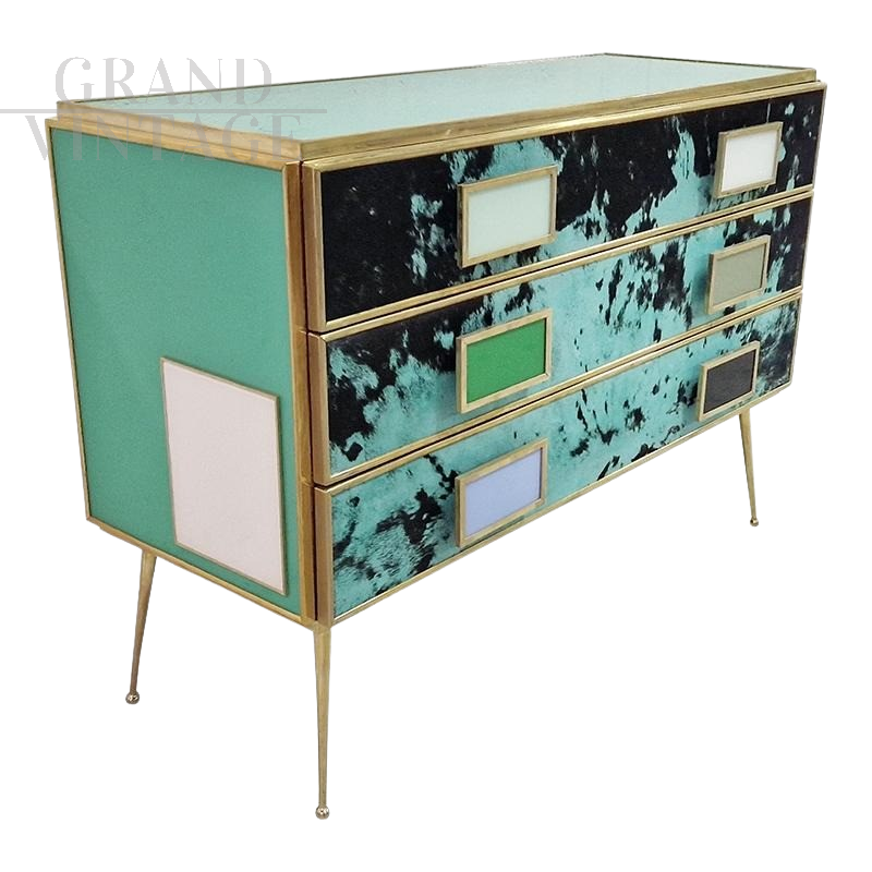 Dresser with three drawers in green glass and pony skin