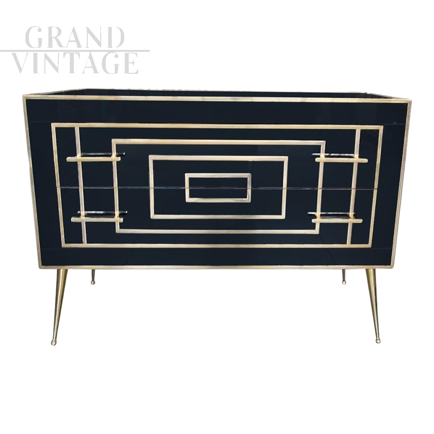 Dresser with two drawers in black Murano glass with golden geometries