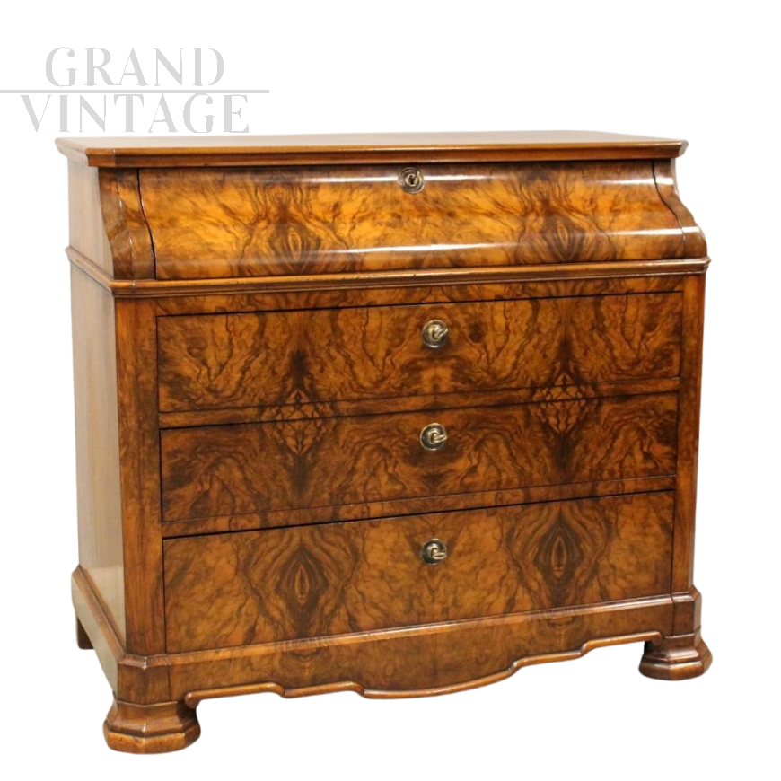 Antique Louis Philippe walnut briar dresser with drop-down desk               
                            