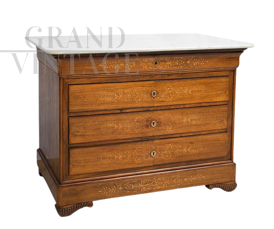 Antique Charles X chest of drawers with white statuary marble top    
                            