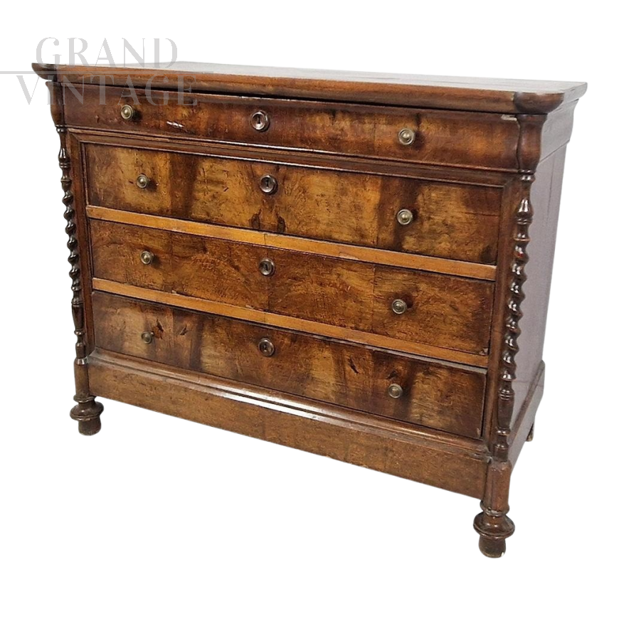 Antique 19th century chest of drawers with four drawers and turned columns