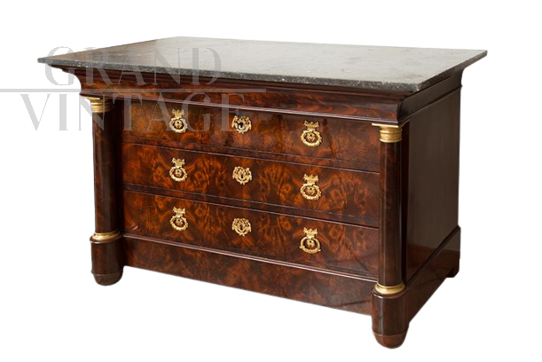 Antique French Empire chest of drawers in mahogany feather with marble top
