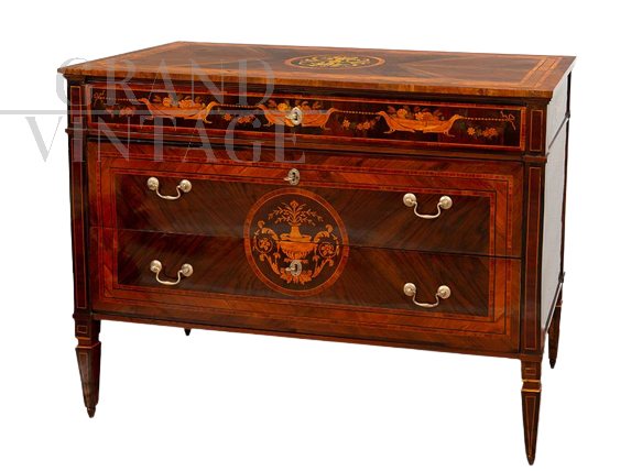 Louis XVI antique Lombard chest of drawers in precious exotic woods, 18th century