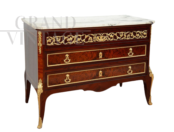 Antique Napoleon III chest of drawers in precious exotic woods with bronzes and marble top