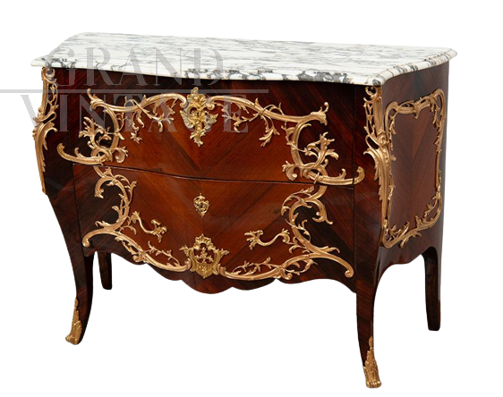 Napoleon III antique chest of drawers in precious exotic wood with marble top