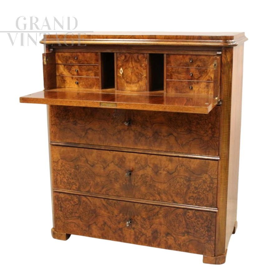 Antique Biedermeier dresser in walnut briar with drop-down top