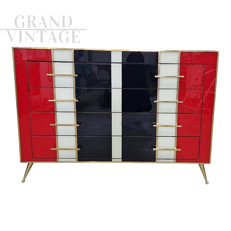 Dresser with 4 drawers in red, white and black colored glass  