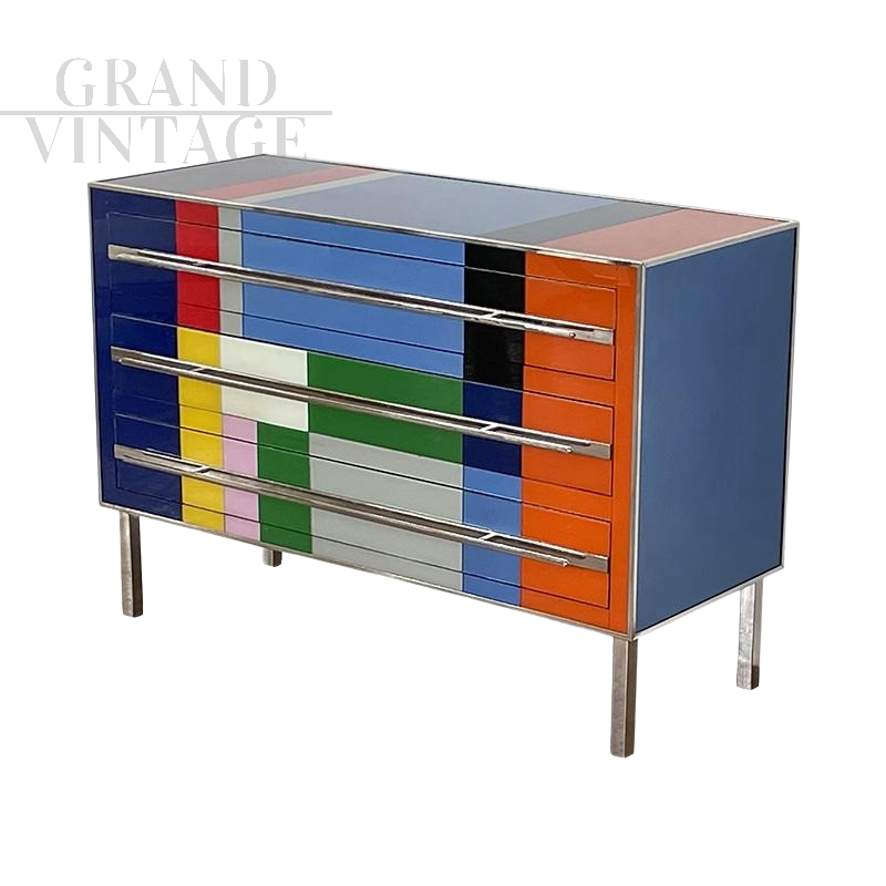 Vintage design chest of drawers in multicolored glass with 3 drawers, 1980s