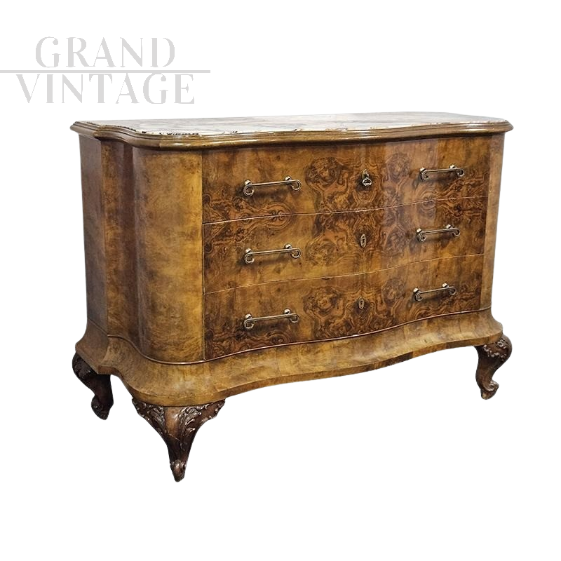 Comò in stile Chippendale in radica con piano in marmo                            