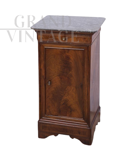 Antique Louis Philippe bedside table in mahogany feather with marble top