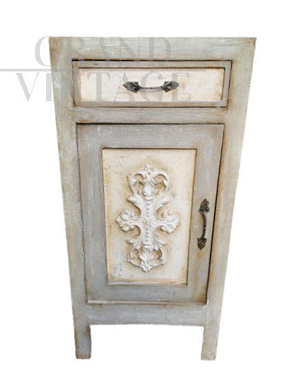 Vintage shabby chic bedside cabinet with frieze