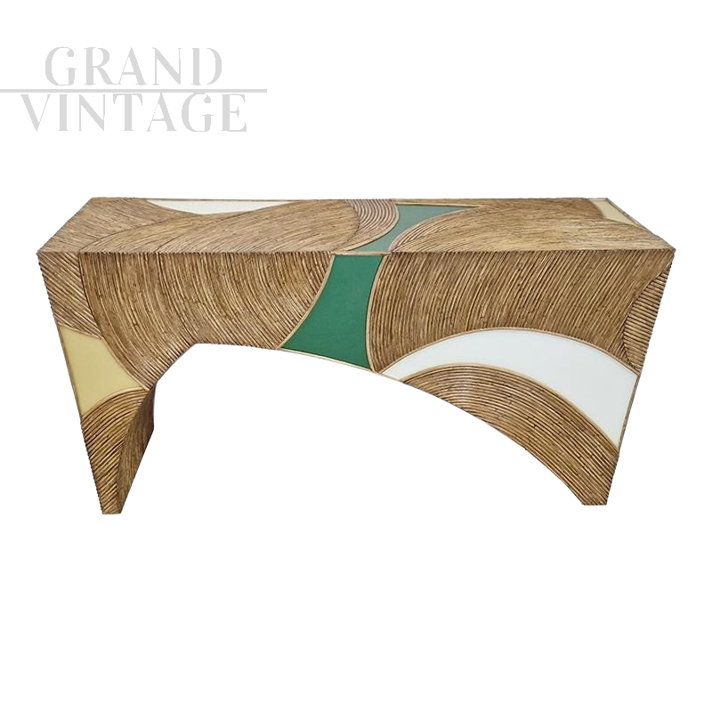 Double-sided design console in bamboo and colored glass