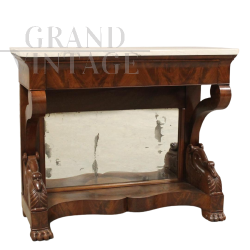 Antique Charles X console with mirror and top in Carrara marble, Italy 1800s