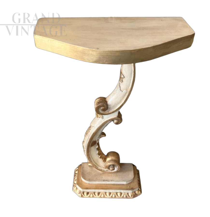 Baroque style console in white and gold painting, with rocaille leg