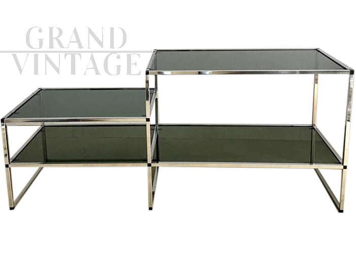 Double vintage console in chromed metal and smoked glass, Italy 1970s                        
                            