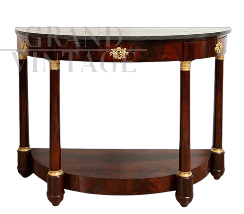 Antique French half-moon console in mahogany feather with black marble top
