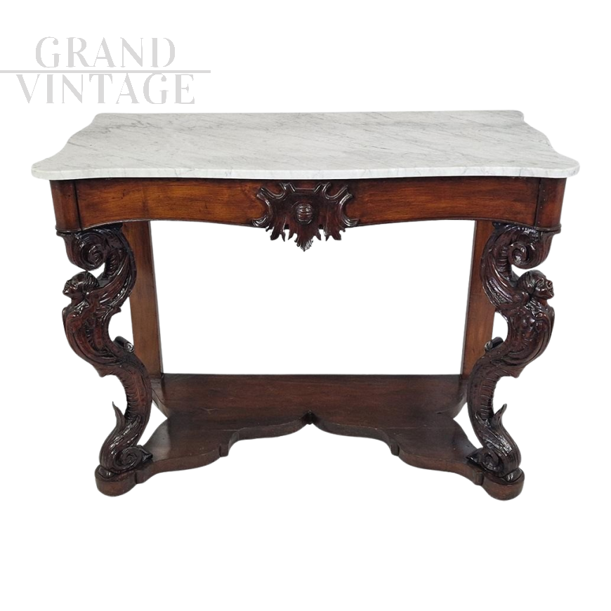 Consolle antica in legno scolpito con cariatidi e piano in marmo                            