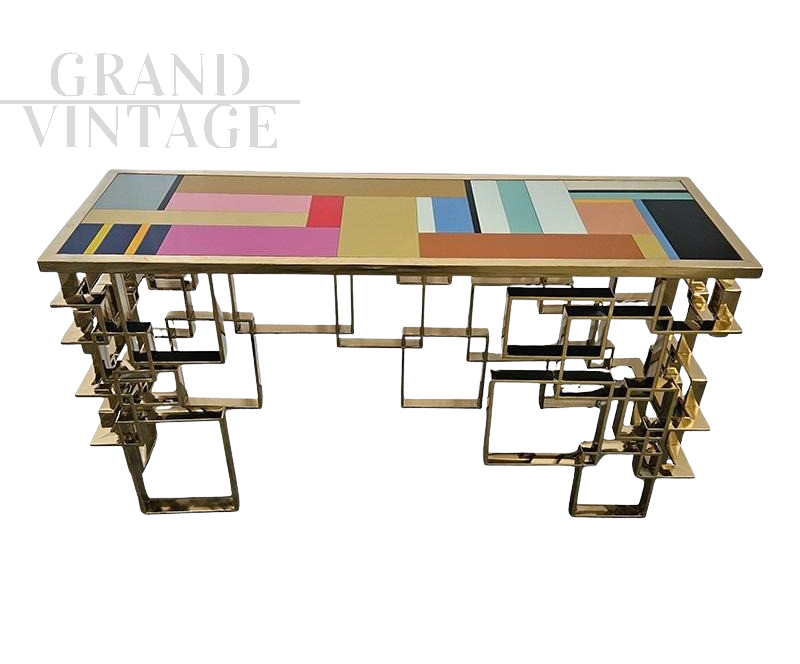 Geometric double-sided console in chrome-gold steel and multi-coloured Murano glass top