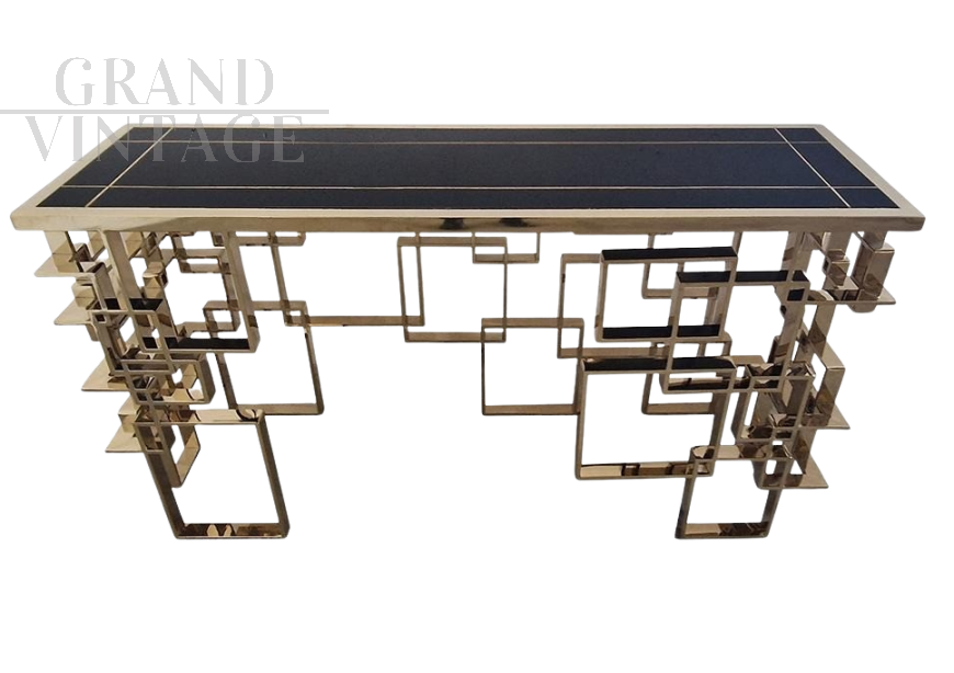 Double-sided console in chrome-gold steel and black Murano glass top