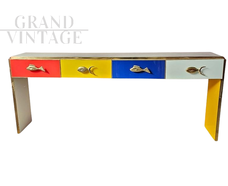 4 drawer colored glass console table with fish handles