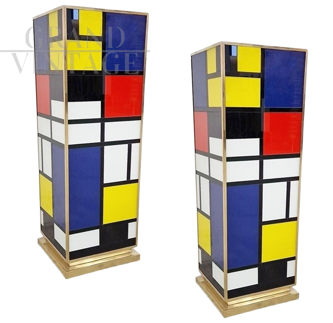 Pair of Mondrian style glass design columns