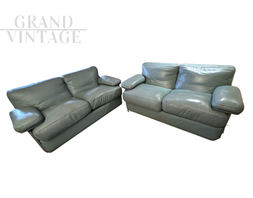 Pair of Poltrona Frau sofas in sky blue leather