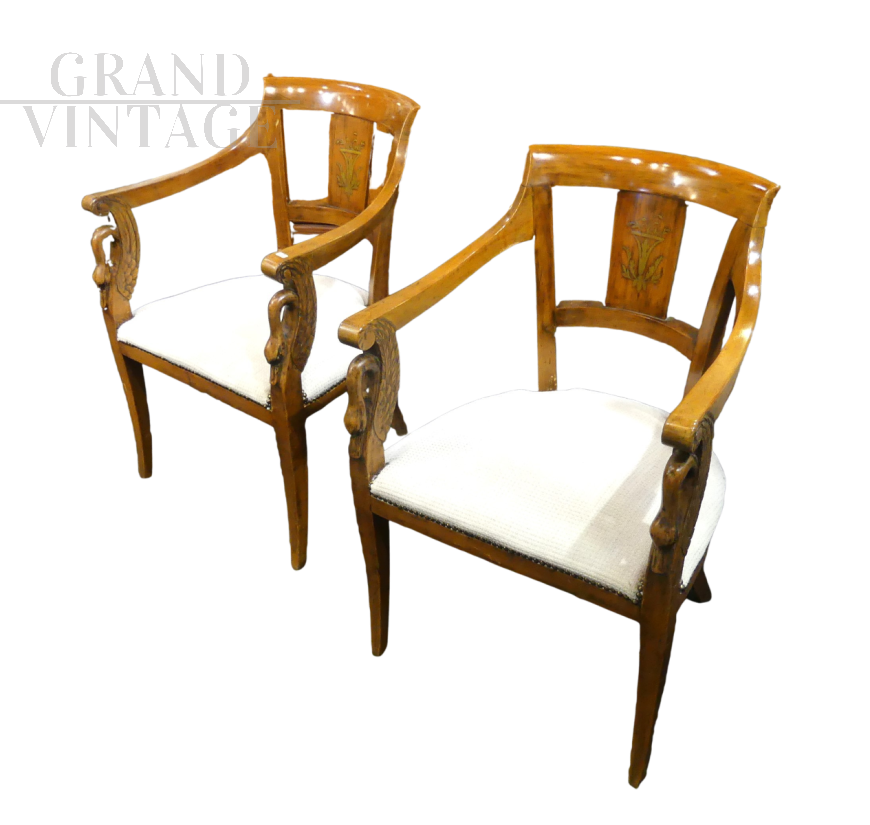 Pair of antique Lombard armchairs with brass inlays