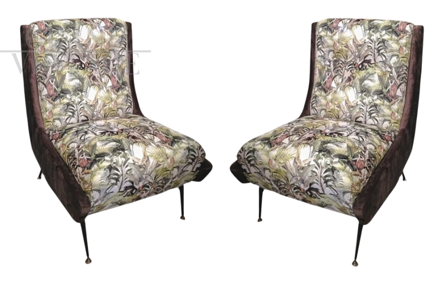 Pair of vintage 1950s armchairs in jungle fabric