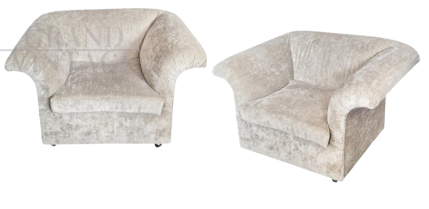 Pair of vintage beige velvet armchairs