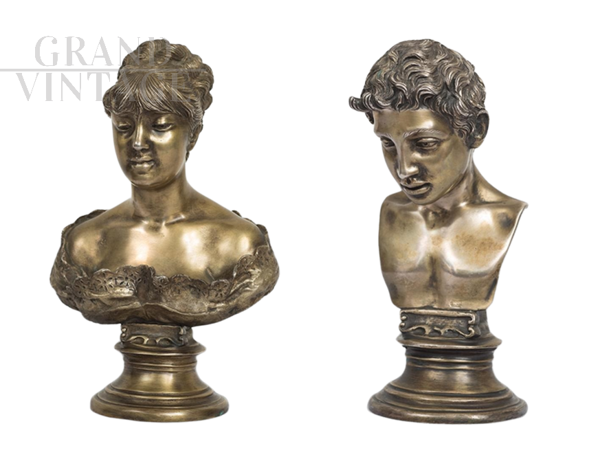 Pair of antique sculptures of busts in solid silver signed Gemito        
