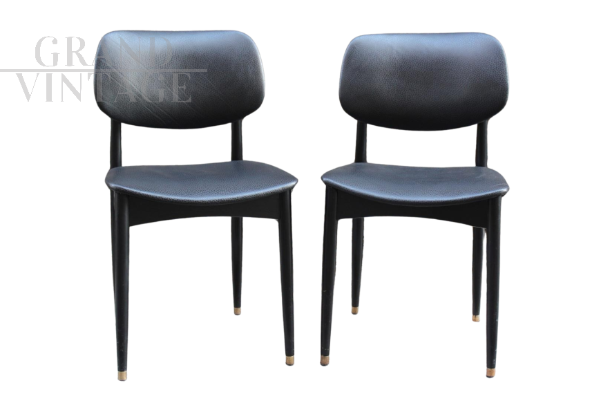 Pair of Cassina office chairs in black leather, 1950s