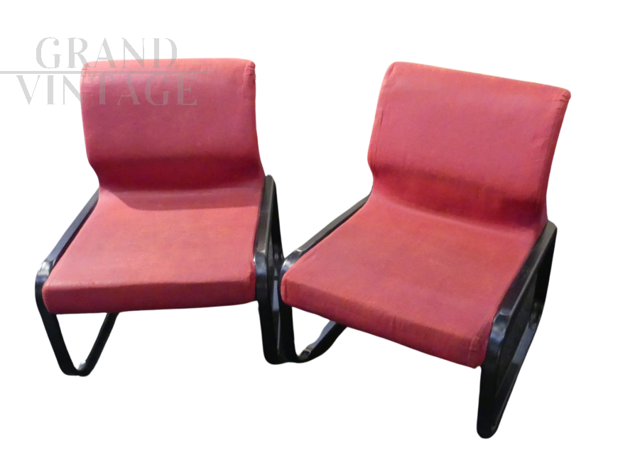 Pair of vintage Della Chiara design chairs in red alcantara
