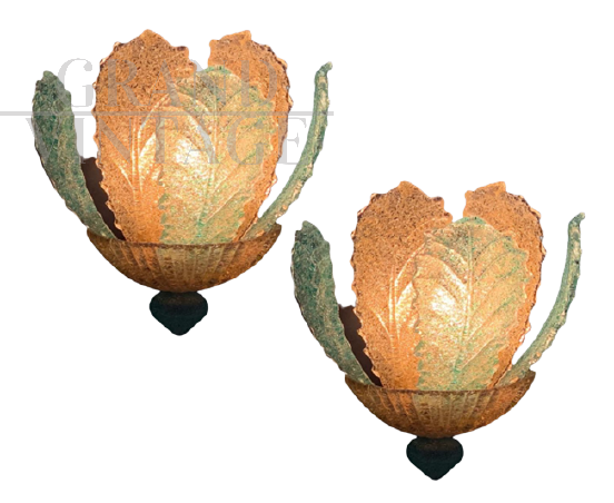 Pair of Murano wall lamps attributed to Barovier and Toso, 1980