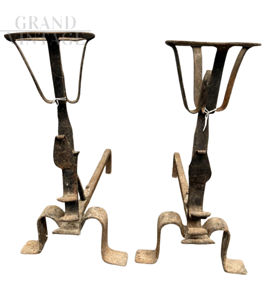 Pair of antique Tuscan andirons in wrought iron, 18th century
