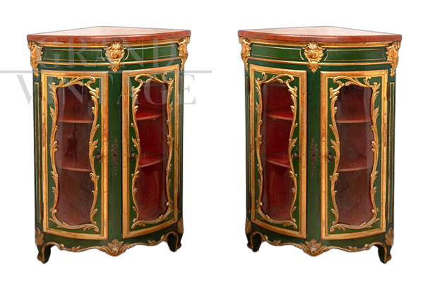Pair of antique Napoleon III corner cabinets in green and gold lacquered wood